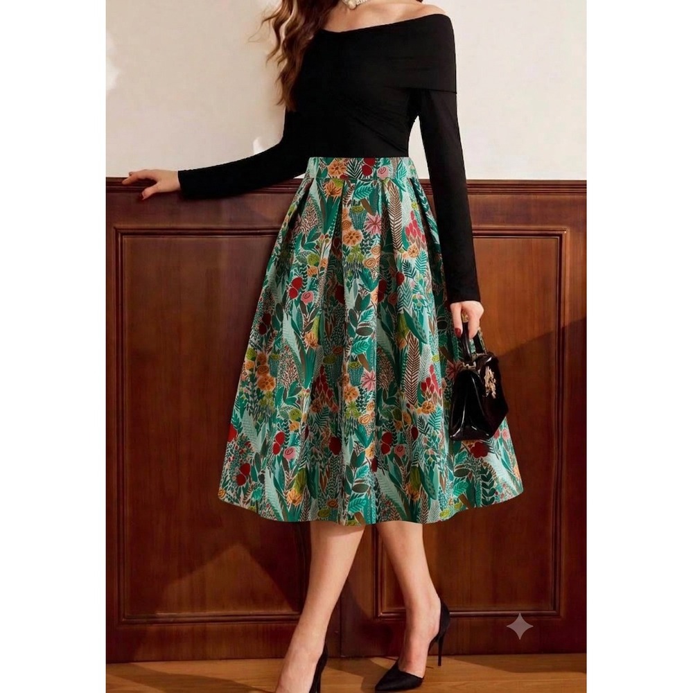 Chicwish Jacquard Midi Skirt Womens Green Botanical Floral Pleated New